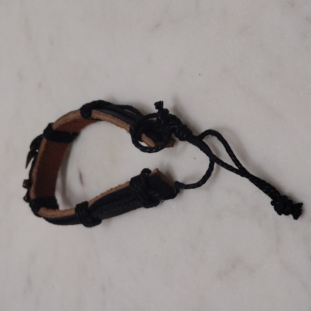 Bronze Large Anchor Black Leather Adjustable Bracelet BA-23 - Picture 4 of 8
